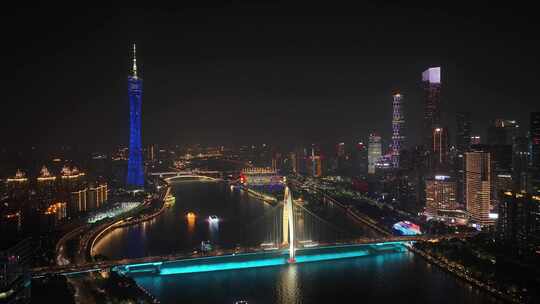 广州市珠江夜景航拍广东塔猎德大桥夜晚风光