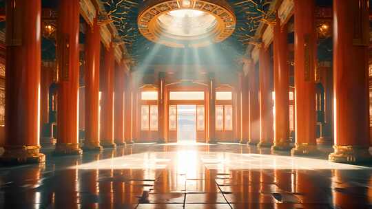 传统中国风宫殿 古代建筑阳光射进室内背景
