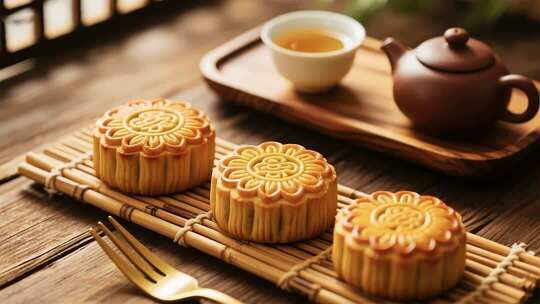 月饼与茶具的特写画面