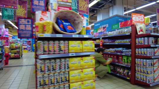 超市摆放的零食商品展示空镜头
