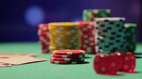 桌上一堆扑克筹码和骰子的机架聚焦拍摄