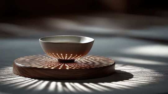 光影交织下的茶碗禅意静谧