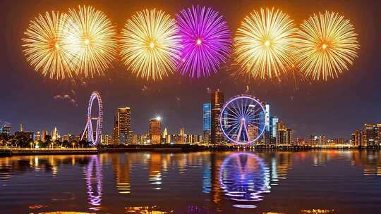 城市夜景摩天轮旁烟花绽放