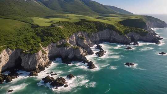 海岸悬崖与青山航拍全景