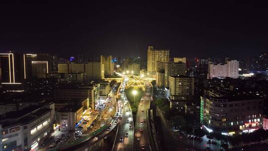 夜晚城市高架桥立交桥交通车流航拍