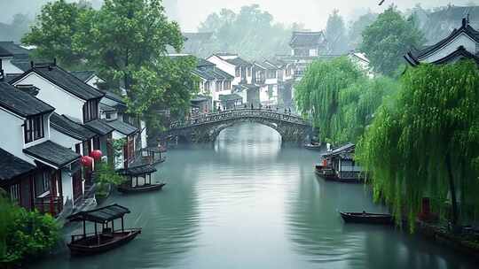 江南水乡雨中古镇全景