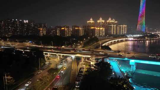 广州海心沙夜景航拍广州大桥天河体育中心夜视频素材模板下载