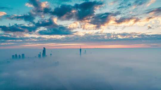 广东省广州塔日出云海航拍城市全景