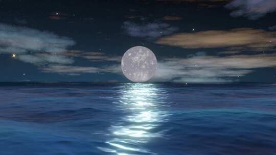 满月倒映在夜空下的海洋上