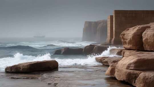 雾色海岸古船航行波涛汹涌