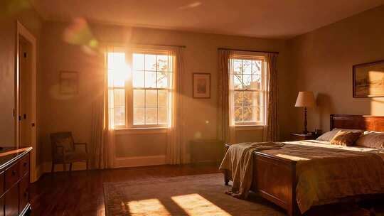 阳光照耀下的温馨卧室场景