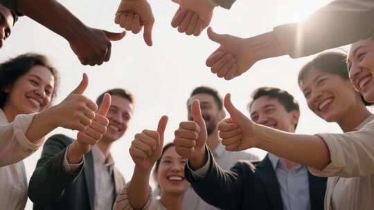 团队成员户外集体竖大拇指