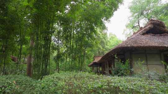 成都杜甫草堂草屋遗址下雨天空镜