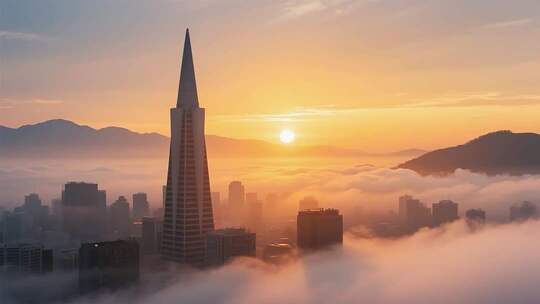 日出时城市高楼云海景观