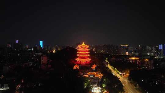 武汉黄鹤楼夜景航拍城市夜晚古建筑黑夜风光