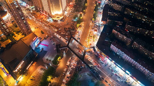 沈阳沈北新区城市街道夜景航拍