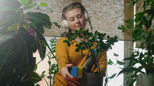 美丽的年轻女子在家里用很多植物做日常家务
