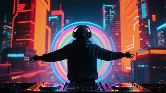 戴耳机DJ在城市夜景前张开双臂