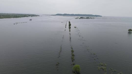 航拍 被水 淹没 洞庭湖 公路