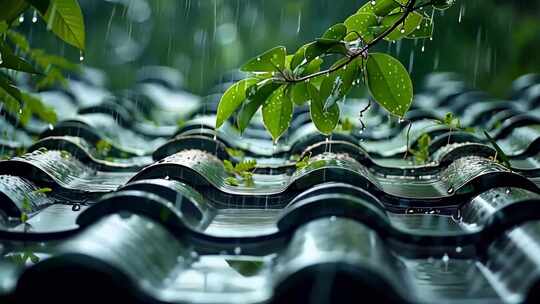 4K阴雨天屋顶瓦片春天树叶特写