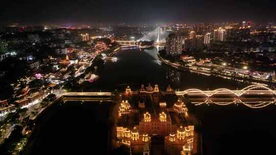 福州台江区中洲岛夜晚夜景航拍解放大桥福建