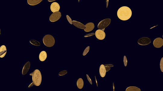 硬币掉落。透明背景上的硬币雨动画。掉落的