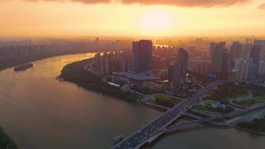 沈阳浑河大桥夕阳落日城市风光航拍合集