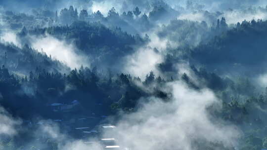 清晨水墨画般云雾缭绕的森林和村庄