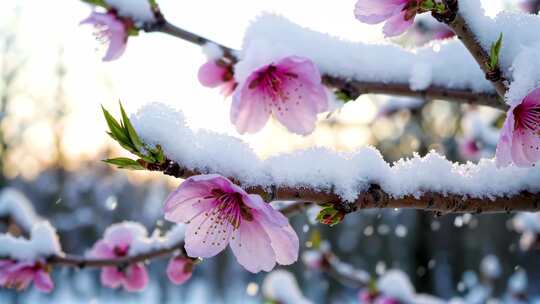 枝头覆雪的粉色花朵特写