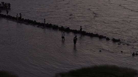 海面 滩涂 日出 朝霞 人群 海边 沙滩 航拍