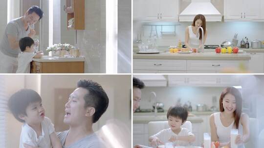 温馨家庭刷牙洗脸吃早餐视频素材模板下载