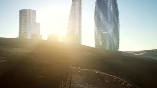 4K 日落时沙漠中的摩天大楼