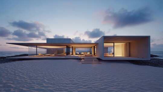 海边现代风格别墅黄昏景象