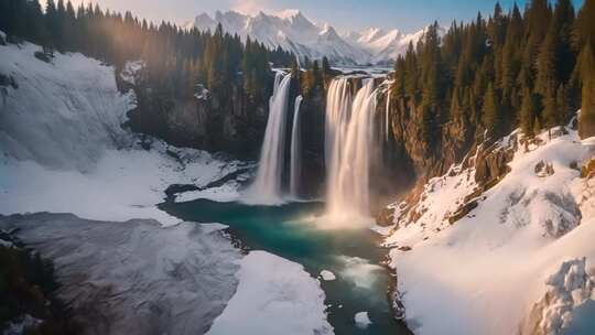 雪山森林中的壮丽瀑布景观