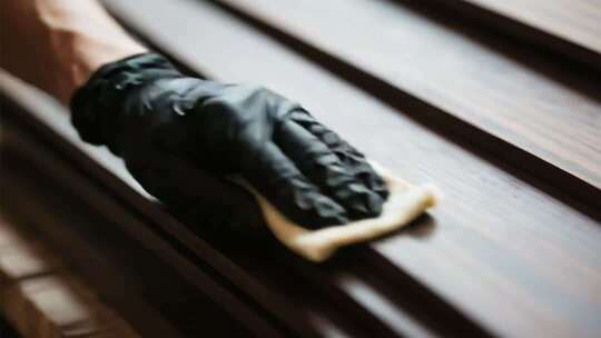 戴手套擦拭木材的手部特写