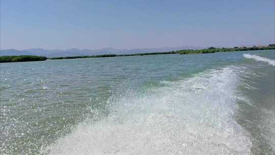 宁夏石嘴山沙湖旅游景区快艇游船掀起的浪花