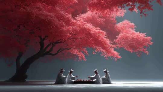 唐朝文人雅士于红枫树下对弈博弈