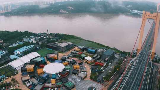 航拍宜昌至喜大桥和西坝夜市