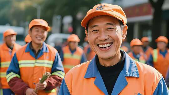 环卫工人微笑服务城市美容师的辛勤工作