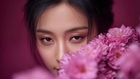 东方女性的神秘面纱与粉色花朵的温柔相遇
