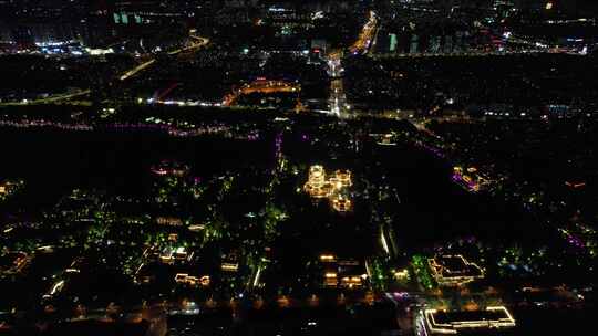 济南老城区泉城市广场夜景灯光航拍