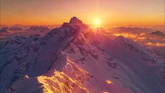 唯美雪山航拍延时日照金山日出云海早晨清晨