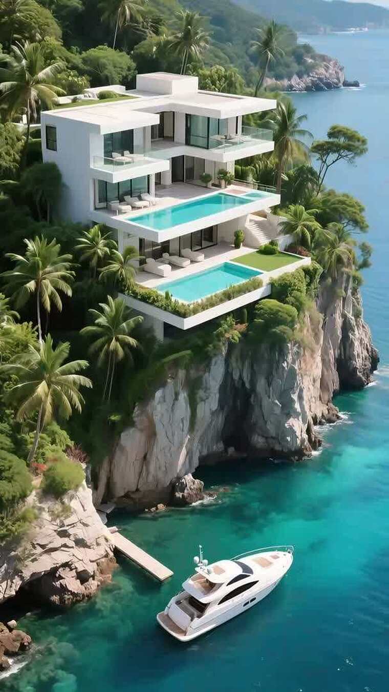 悬崖边海景别墅与游艇俯瞰