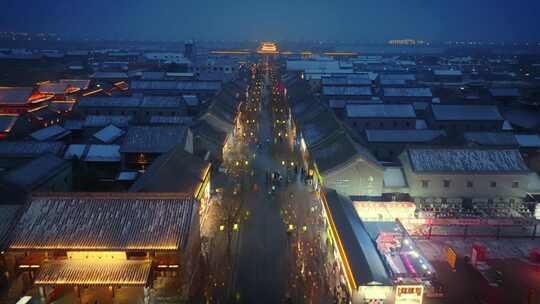 河南商丘古城雪景夜景航拍