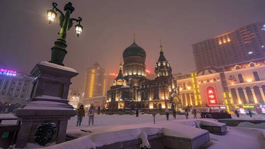 哈尔滨圣索菲亚大教堂冬季4K延时视频素材模板下载