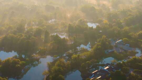 杭州西溪湿地公园清晨晨雾航拍