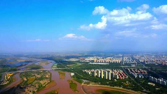 黄河平原-生态城市-黄河大景航拍视频素材模板下载