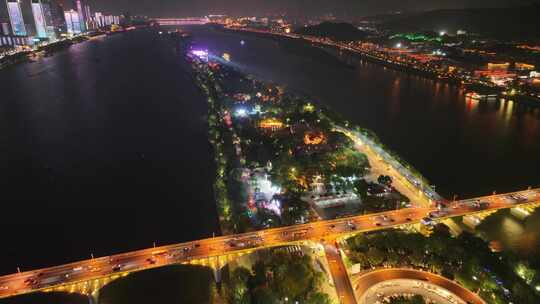 长沙橘子洲大桥夜景航拍夜晚湘江大桥风光