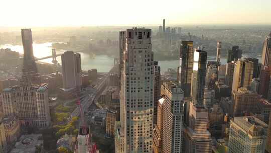 航拍纽约曼哈顿翠贝卡哈德逊河摩天大楼日出