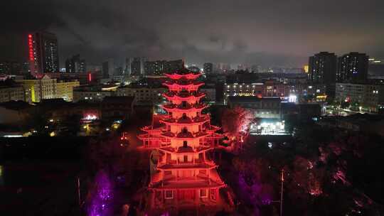 甘肃张掖木塔寺夜景灯光航拍